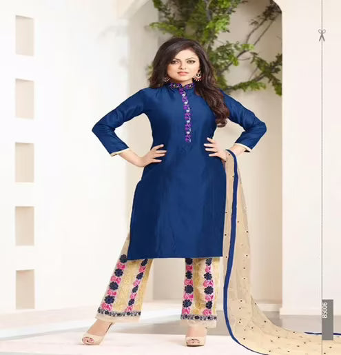 Hi-Fashion Embroidered Blue With Cream Designer Straight Suit