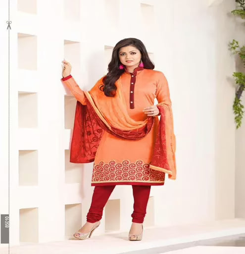 Hi-Fashion Embroidered Peach With Red Designer Straight Suit