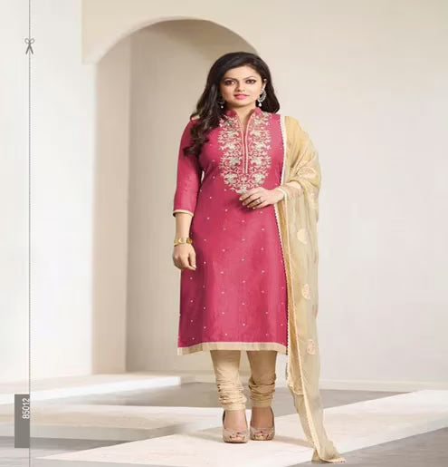 Hi-Fashion Embroidered Pink With Beige Designer Straight Suit