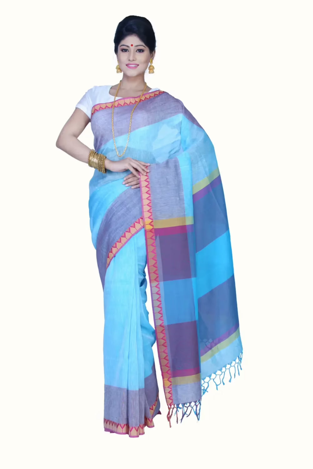 Pazaar Sky Blue Festival Saree With Matching Blouse Piece