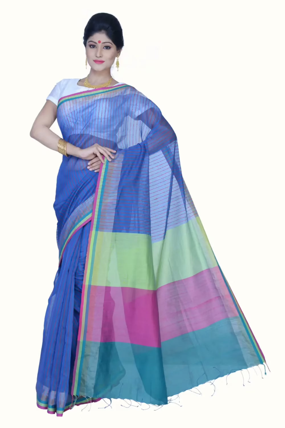 Pazaar Dark Blue & Magenta Festival Saree With Matching Blouse Piece