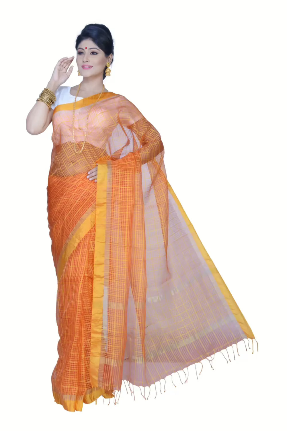 Pazaar Vermilion Red & Amber Yellow Festival Saree With Matching Blouse Piece