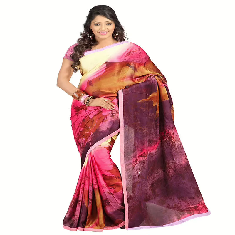 Lookslady Printed Pink Satin Georgette Saree