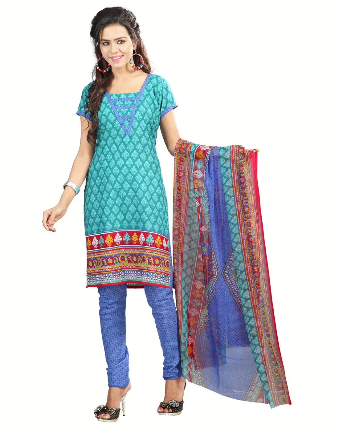 Lookslady Printed Turquoise crepe Dress-Material