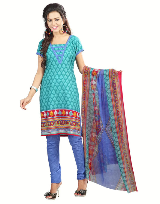 Lookslady Printed Turquoise crepe Dress-Material
