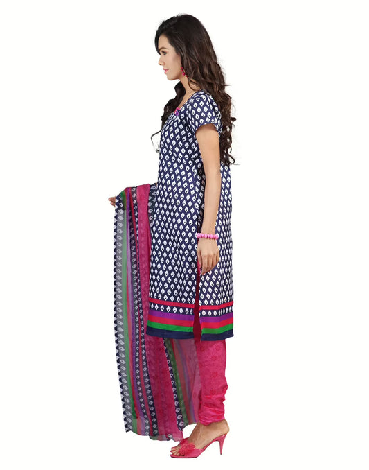 Lookslady Printed Blue Cotton Dress-Material