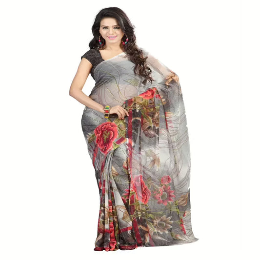 Lookslady Printed Grey Chiffon Saree