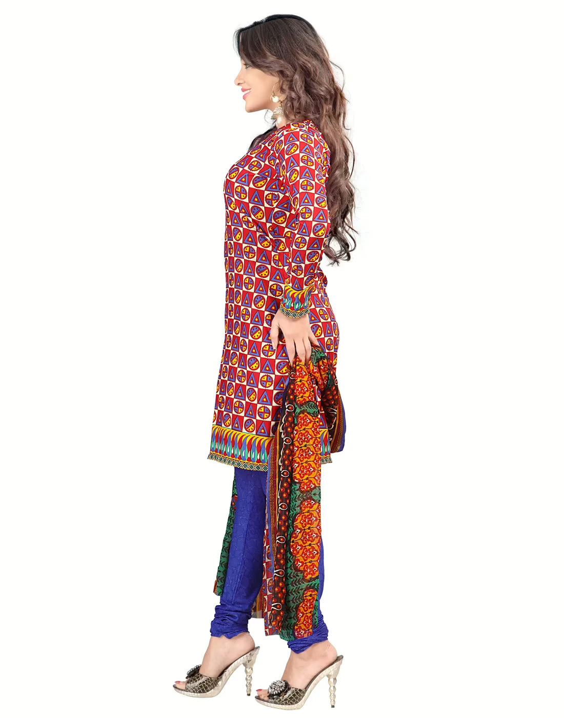 Lookslady Printed Red Crepe Dress-Material