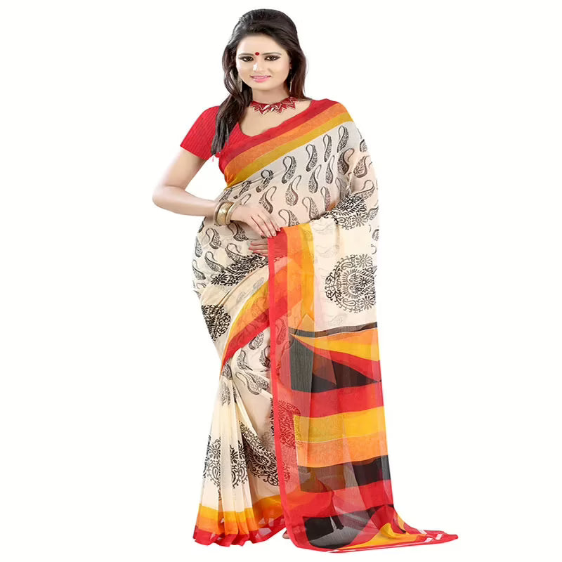 Lookslady Printed Red Chiffon saree