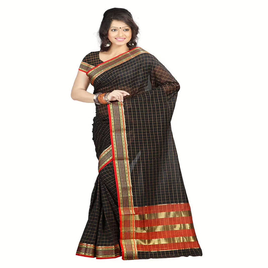 Lookslady Printed Black & Orange Cotton Saree