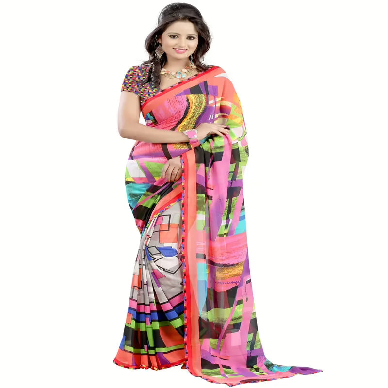 Lookslady Printed Pink Georgette saree