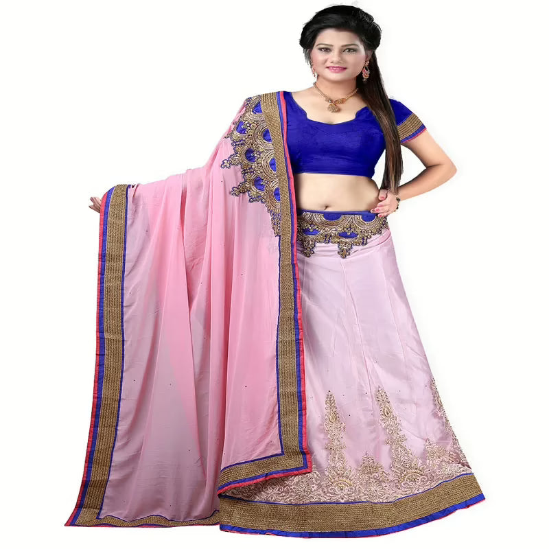 Lookslady Embroidered Pink Net Lehenga Saree
