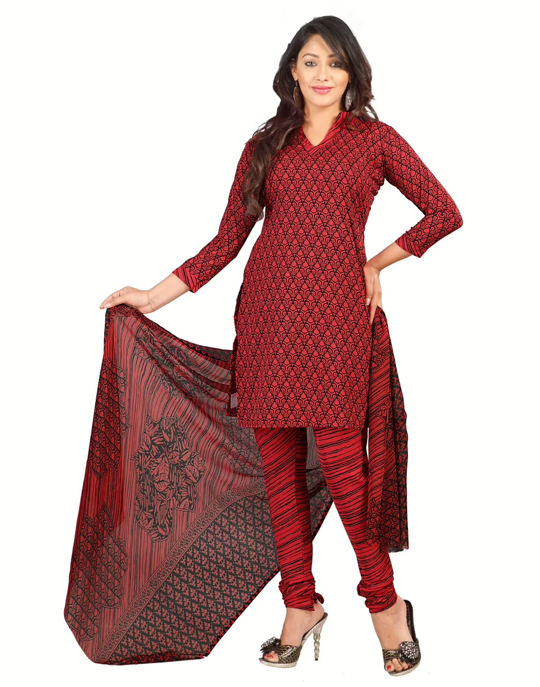 Lookslady Printed Red Crepe Dress-Material