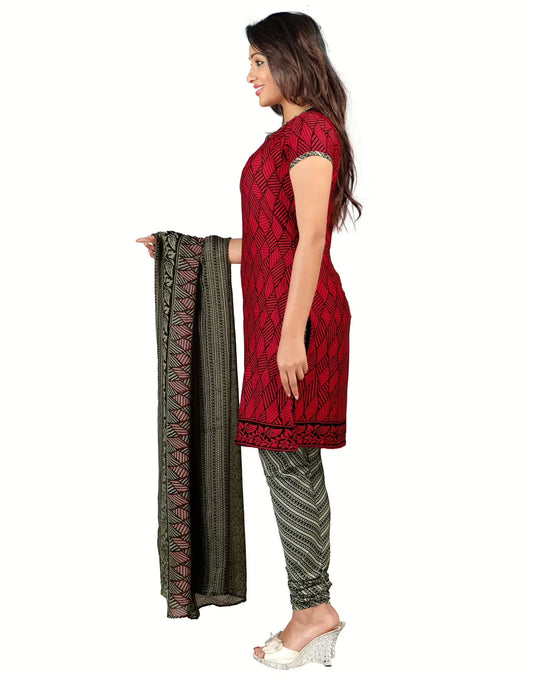 Lookslady Printed Red Crepe Dress-Material