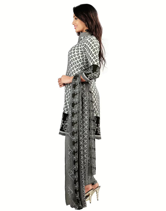 Lookslady Printed White Crepe Dress-Material