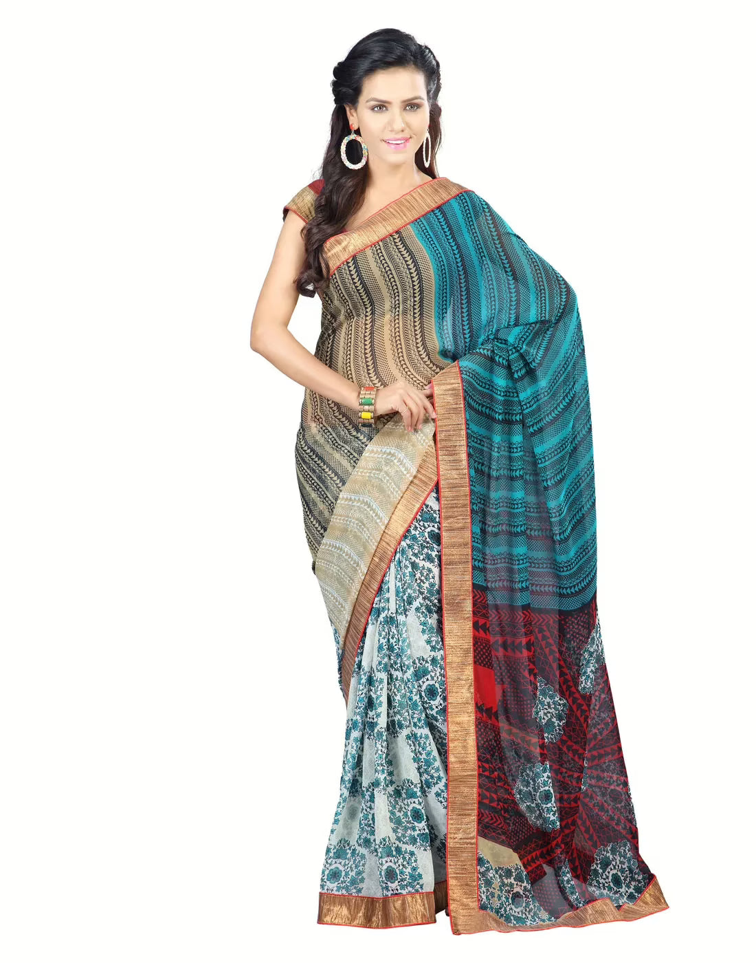Lookslady Printed Beige Faux Georgette saree