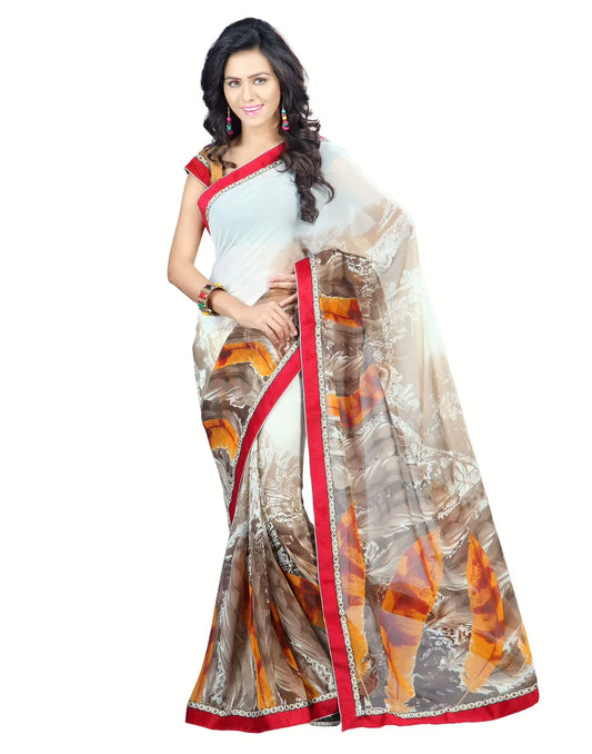 Lookslady Printed Orange Faux Georgette saree