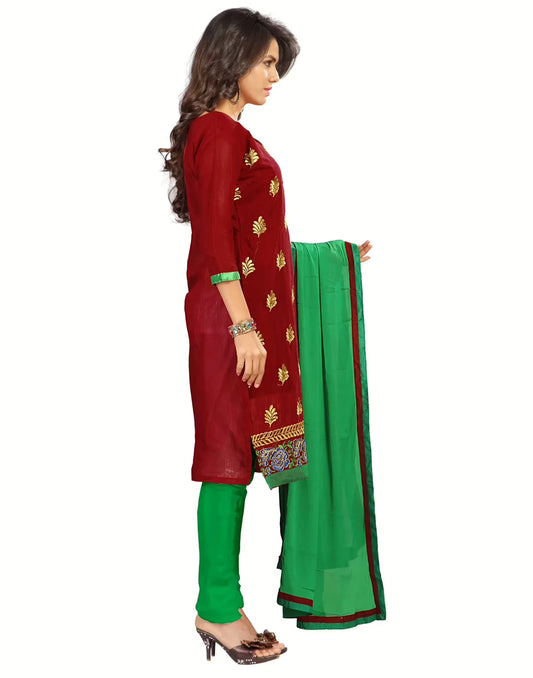 Lookslady Embroidered Maroon Chanderi Dress-Material