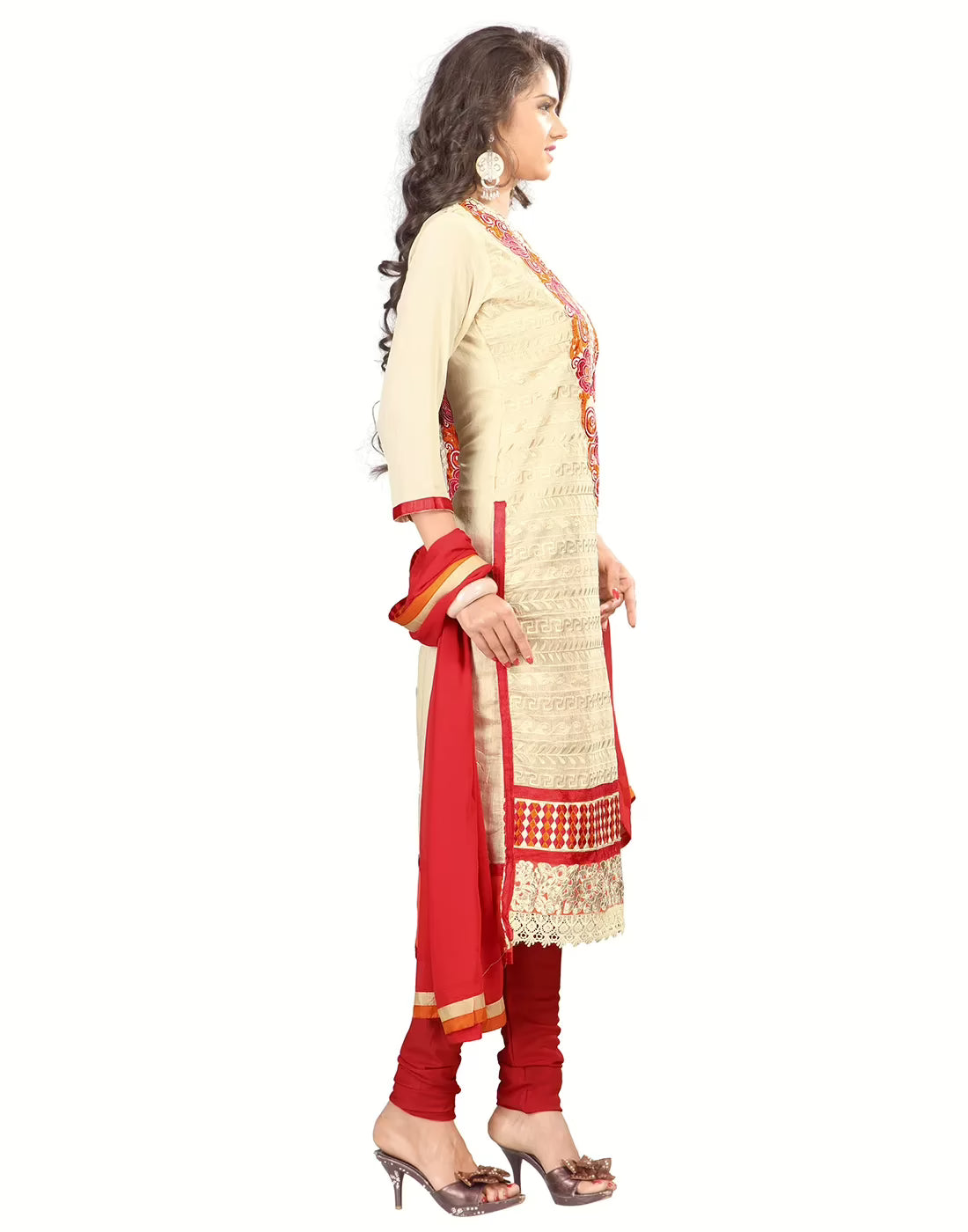 Lookslady Embroidered Beige Chanderi Dress-Material