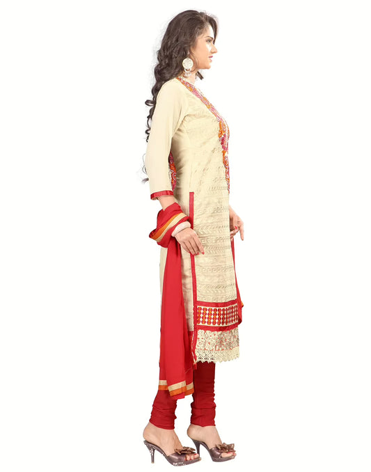 Lookslady Embroidered Beige Chanderi Dress-Material