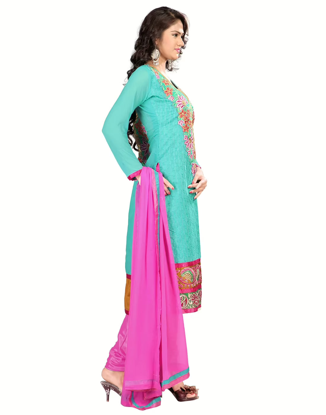Lookslady Embroidered Blue Chanderi Dress-Material