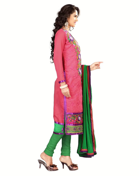 Lookslady Embroidered Pink Chanderi Dress-Material