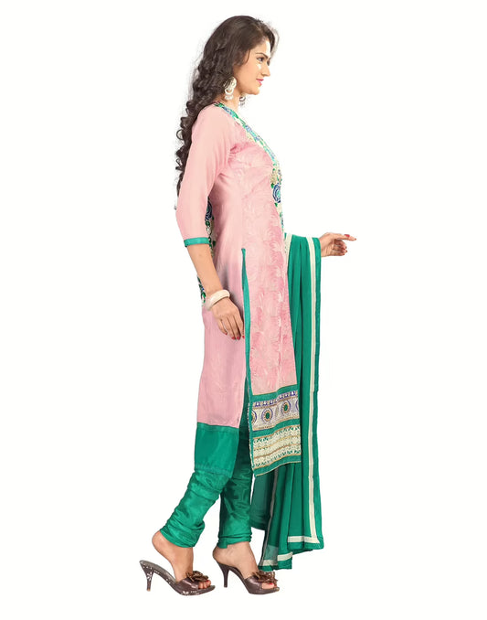 Lookslady Embroidered Pink Chanderi Dress-Material