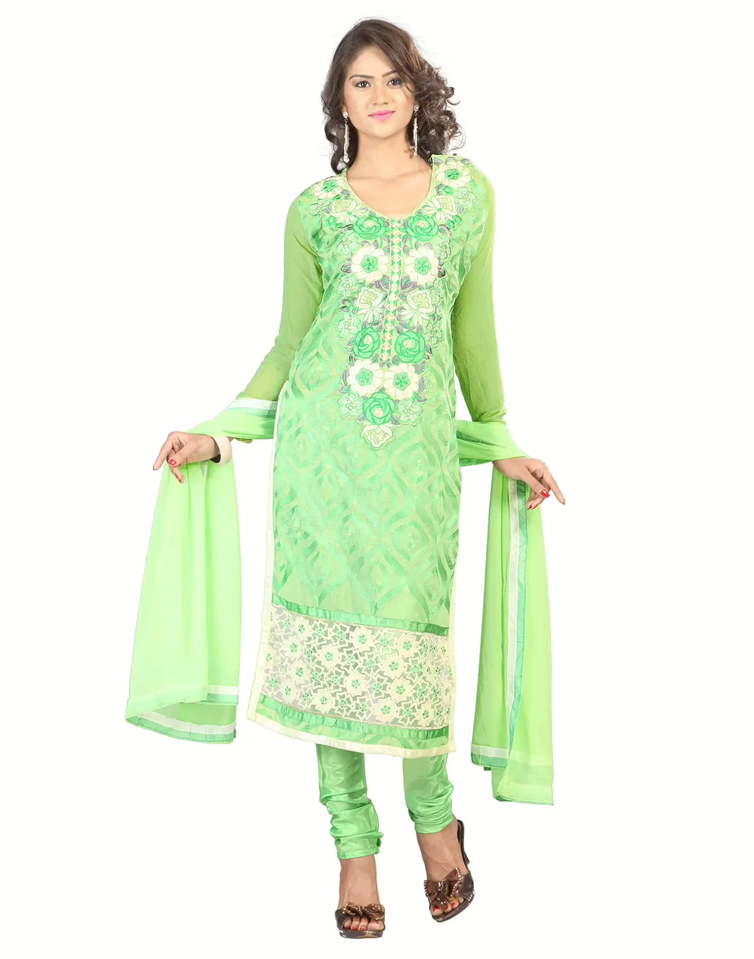 Lookslady Embroidered Green Chanderi Dress-Material