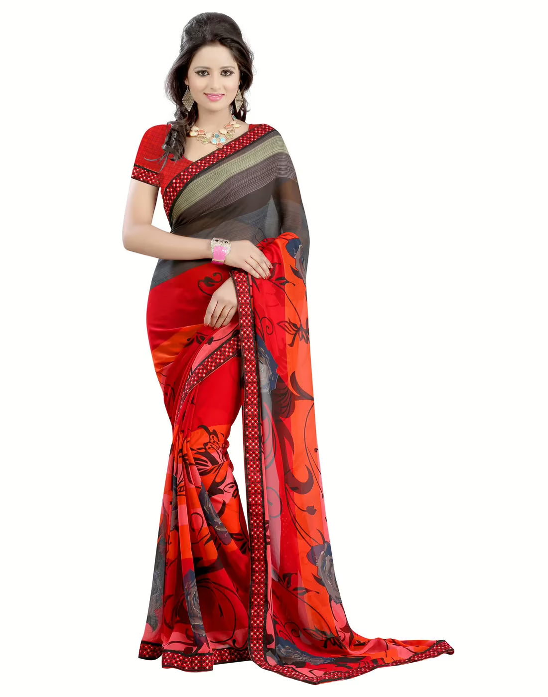 Lookslady Printed Red Faux Georgette Saree