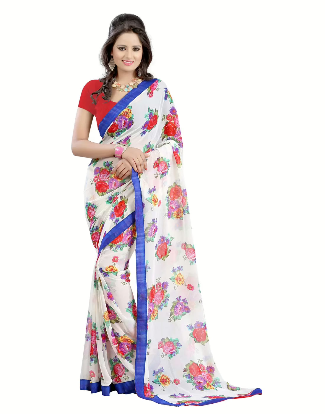 Lookslady Printed White Faux Georgette Saree