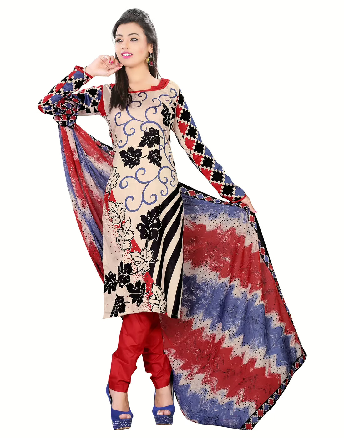 Lookslady Printed Beige Cotton Dress-Material