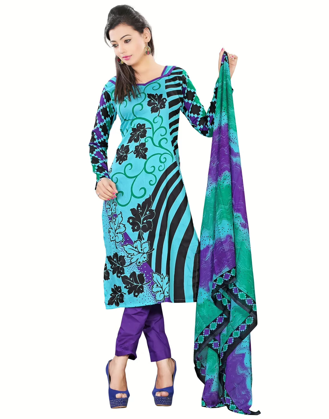 Lookslady Printed Light Blue Cotton Dress-Material