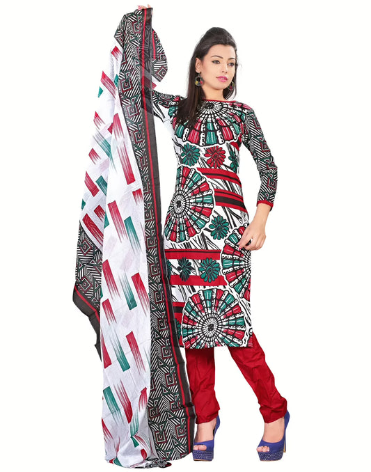 Lookslady Printed White Cotton Dress-Material