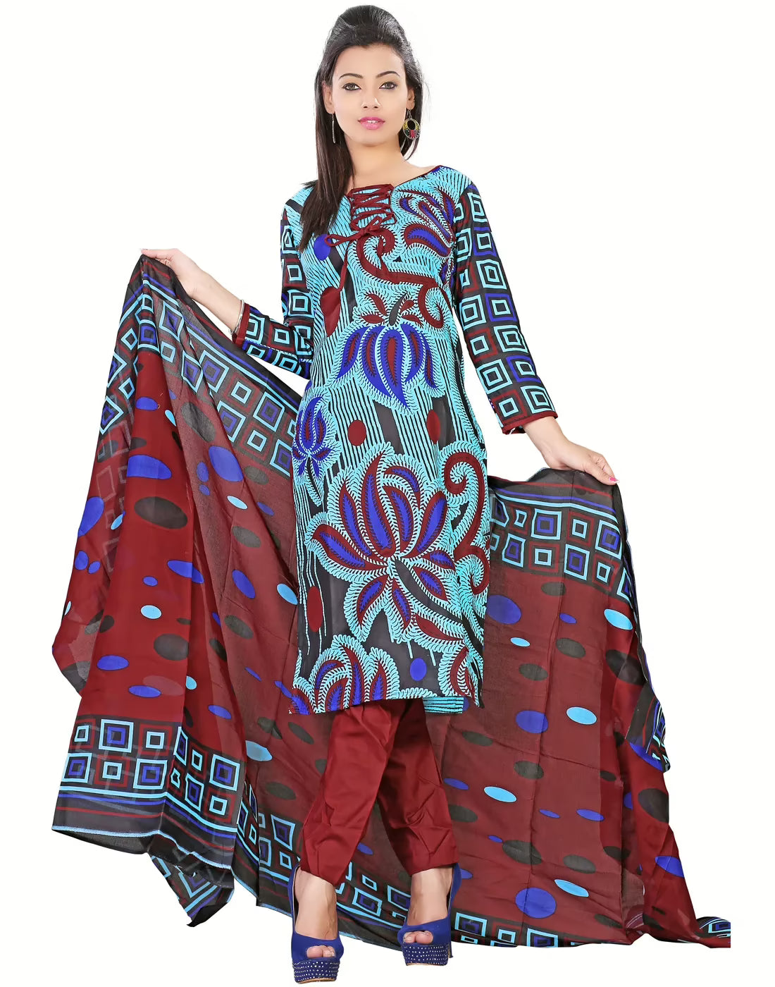 Lookslady Printed Light Blue Cotton Dress-Material