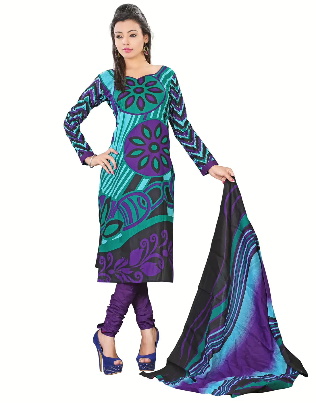 Lookslady Printed Turquoise Cotton Dress-Material