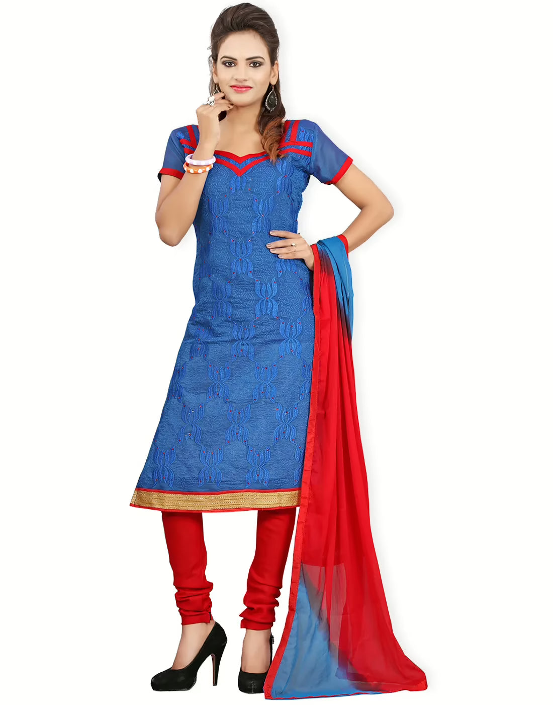 Lookslady Embroidered Blue Cotton Dress-Material