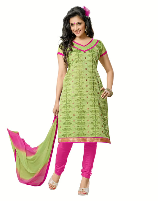 Lookslady Embroidered Green Cotton Dress-Material