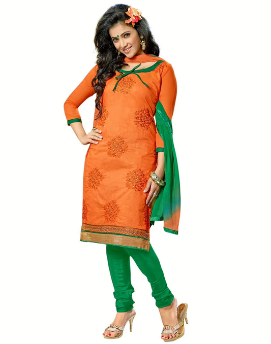 Lookslady Embroidered Orange Cotton Dress-Material