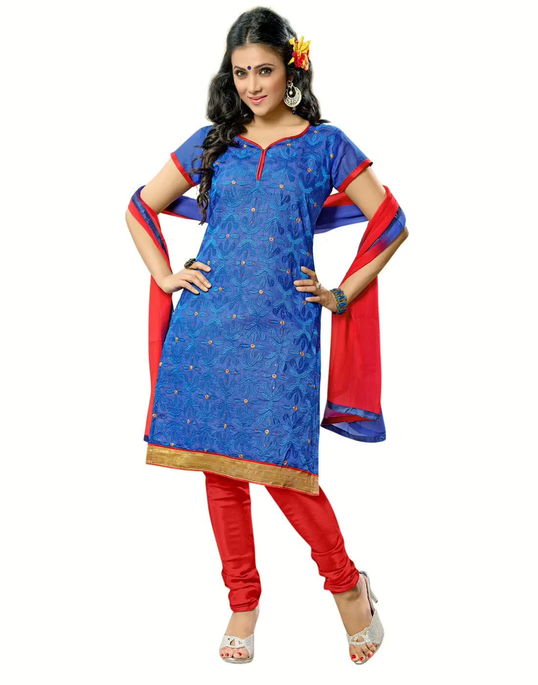 Lookslady Embroidered Blue Cotton Dress-Material