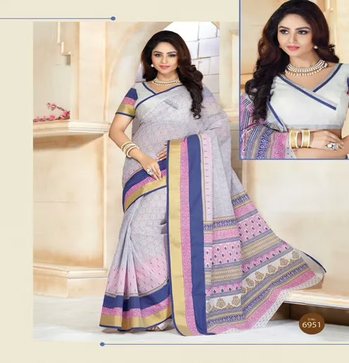Kajri White & Pink Printed Cotton Saree