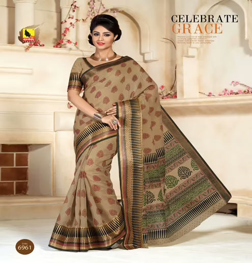 Kajri Brown Printed Cotton Saree