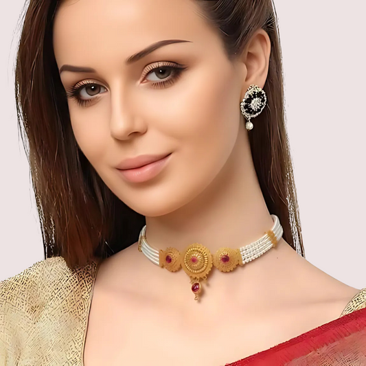 Royal Ruby Pearl Choker Necklace with Antique Gold Detailing