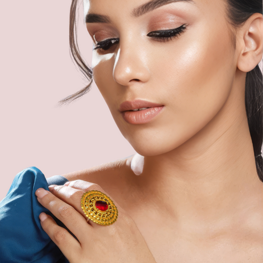 Elegant Gold-Plated Statement Ring with Red Gemstone