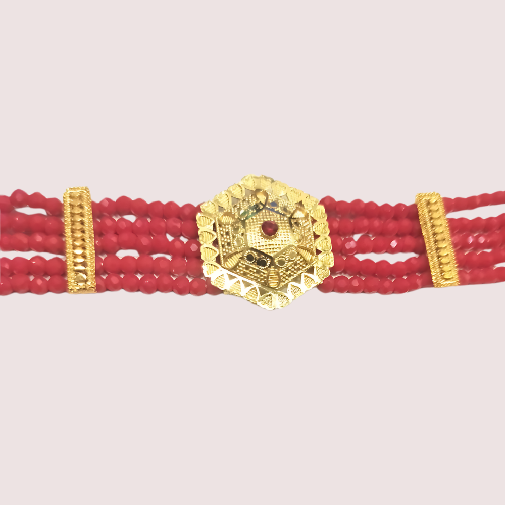 HexaCharm Red Beaded Necklace with Golden Hexagon Pendant