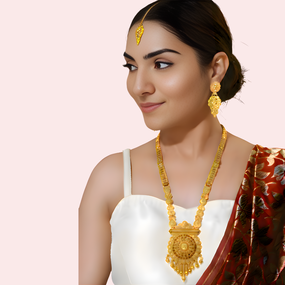Traditional Temple Gold Necklace Set with Pendant, Earrings & Maang Tikka