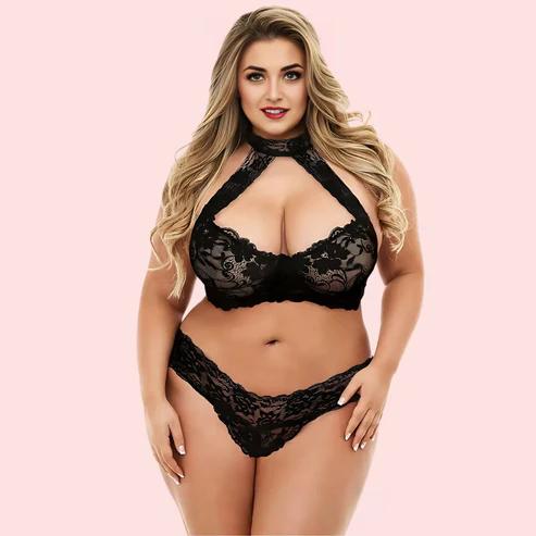 “Plus size” seductive black lace bra set
