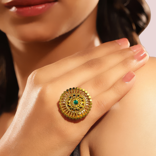 Traditional Gold-Plated Circular Statement Ring with Green Stone