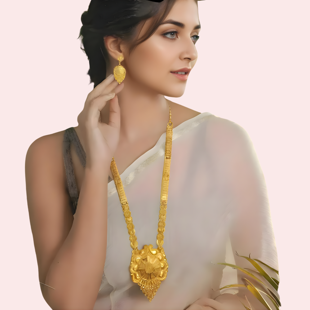 Classic Bridal Gold Long Necklace Set with Pendant, Earrings & Maang Tikka