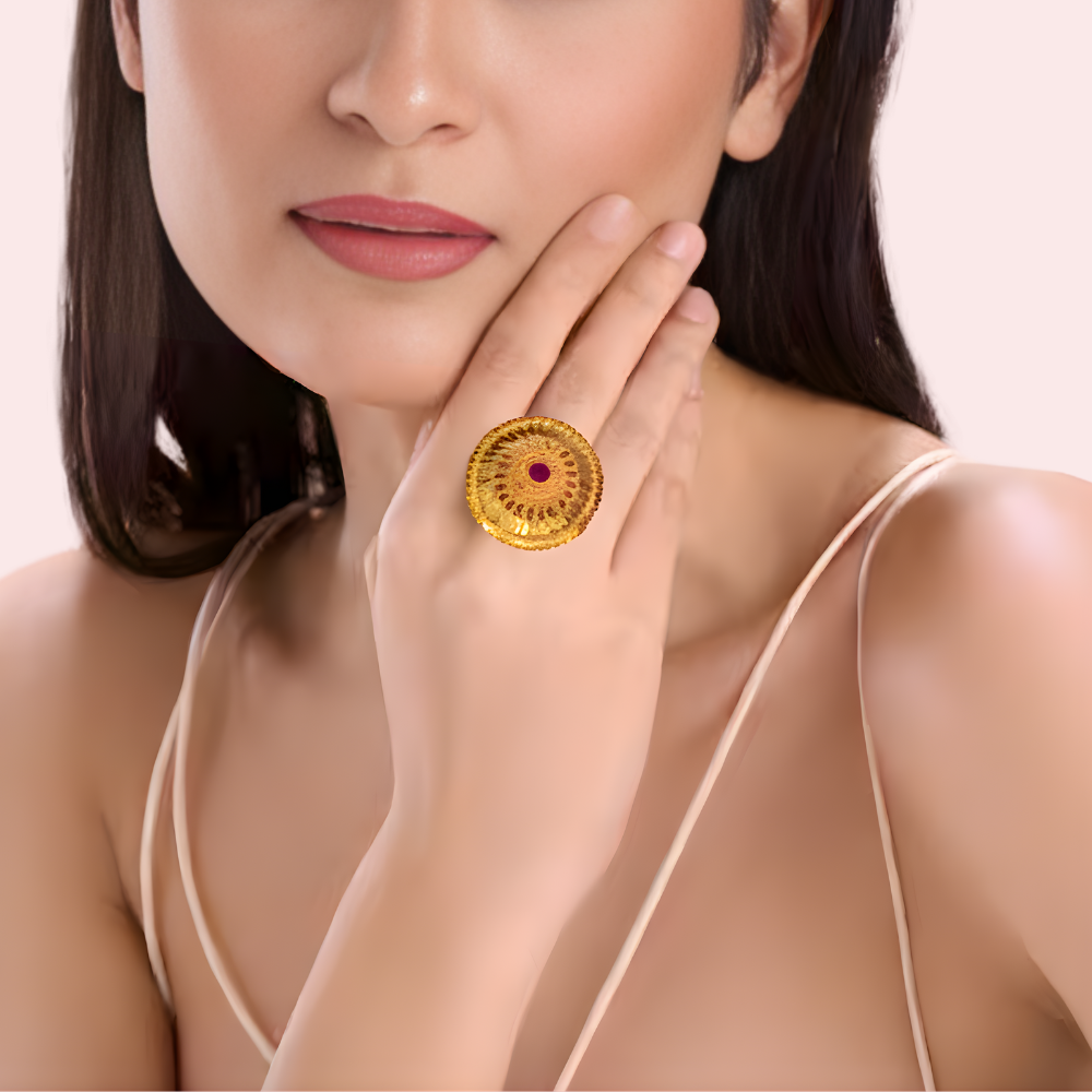 Ethnic Floral Medallion Gold-Tone Ring with Center Accent