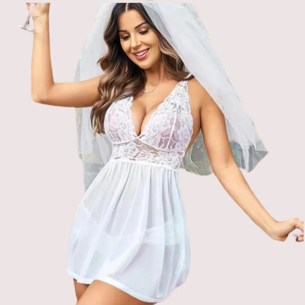 Bridal White Lace & Sheer Babydoll Nightwear